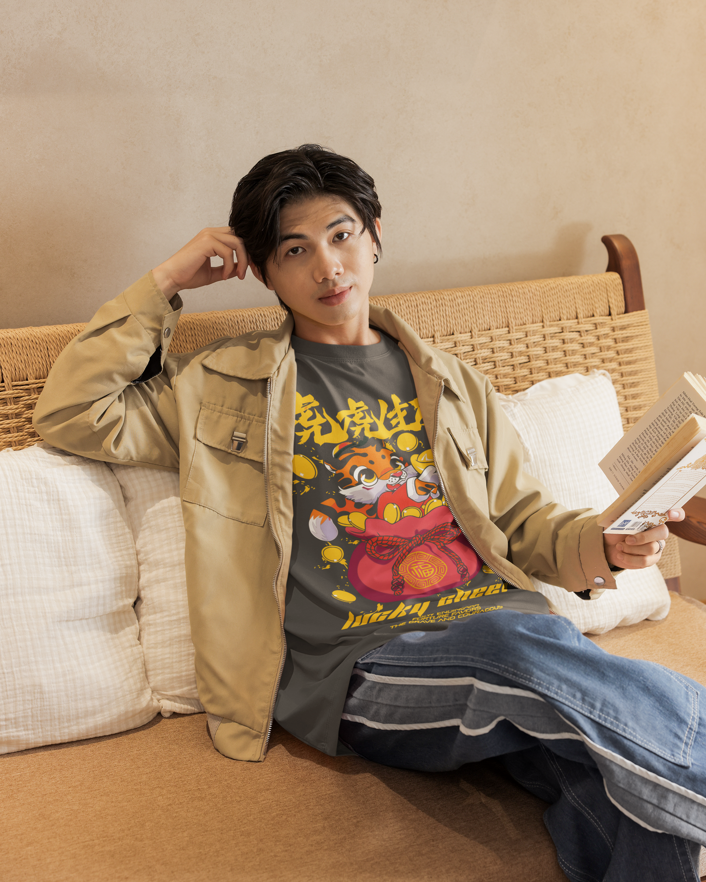 Oversized Extended Neck Tiger Charm T Shirt Grey