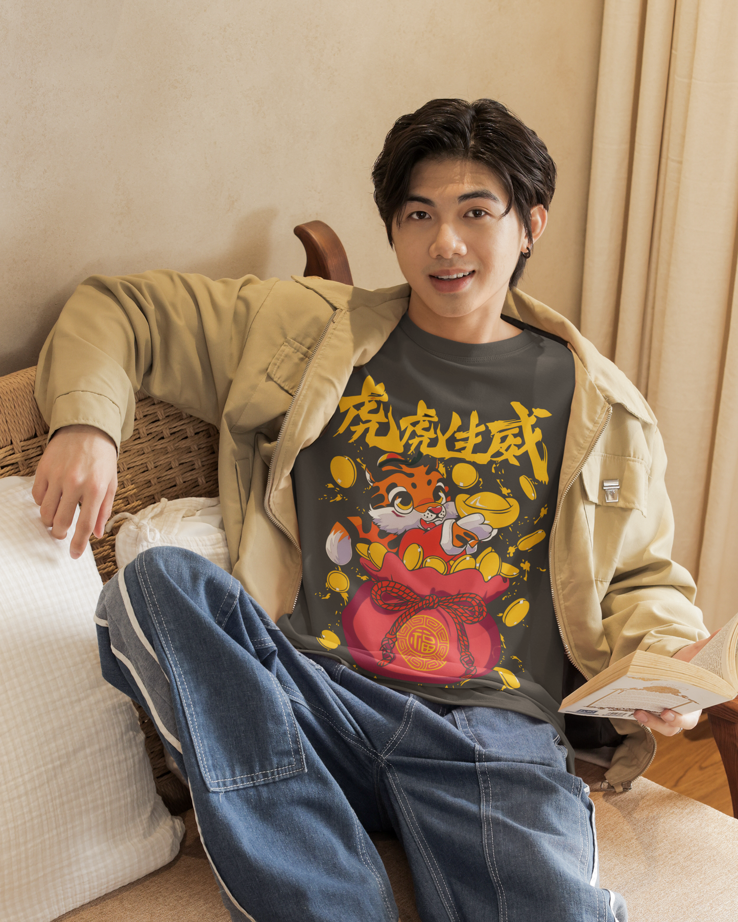 Oversized Extended Neck Tiger Charm T Shirt Grey
