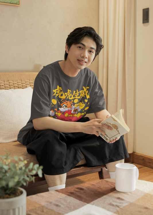 Oversized Extended Neck Tiger Charm T Shirt Grey