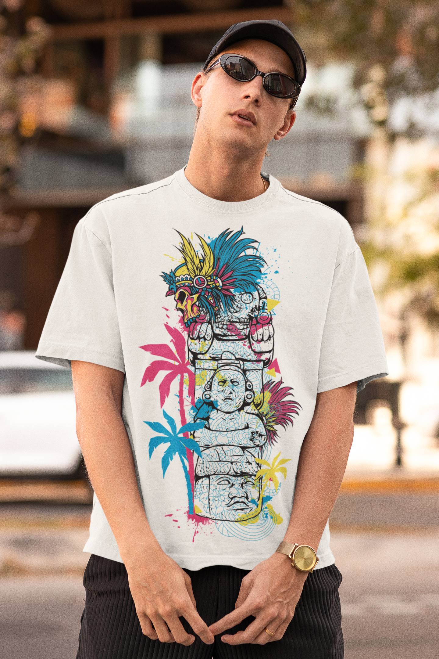 Oversized Extended Neck Tribal T-Shirt White