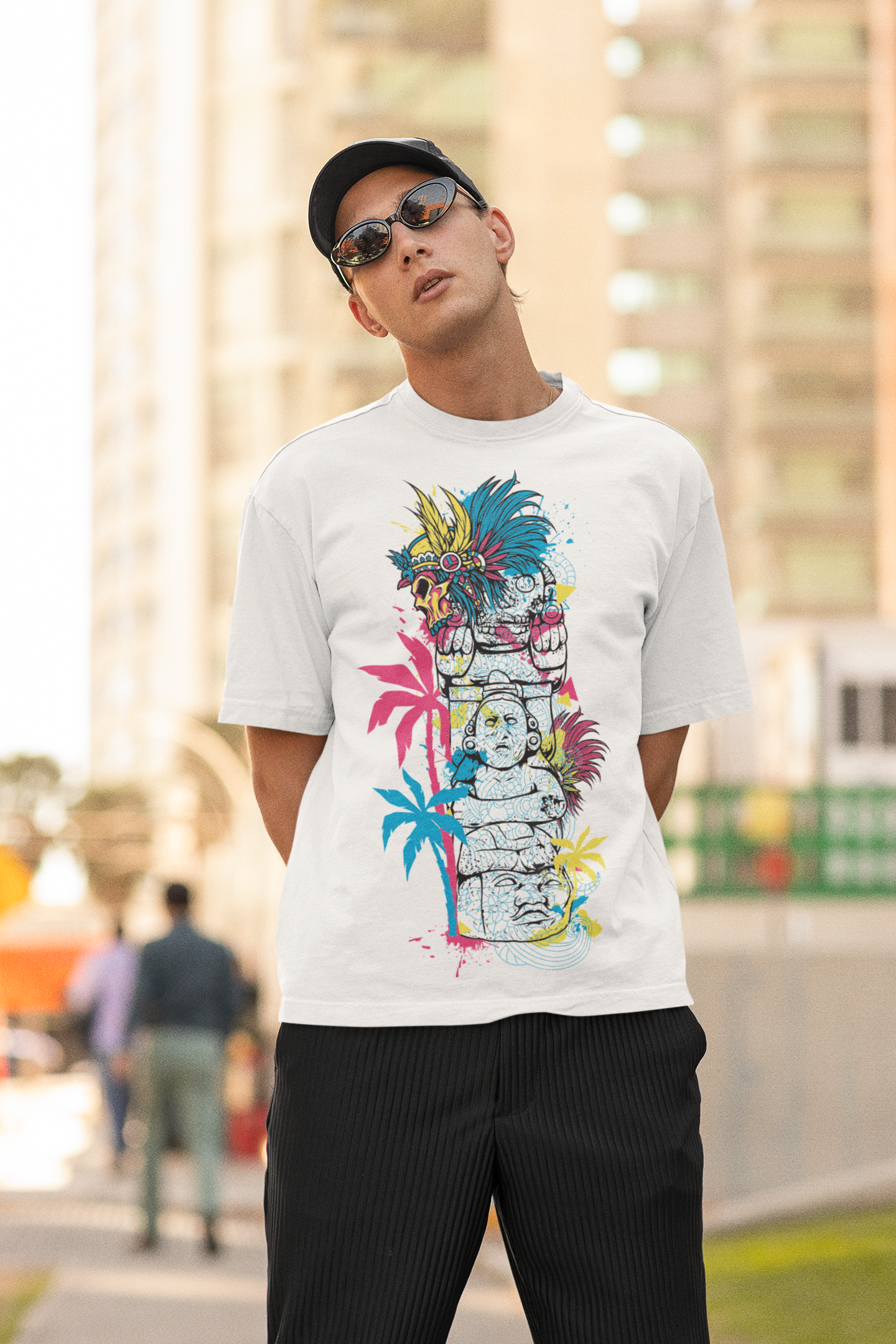 Oversized Extended Neck Tribal T-Shirt White