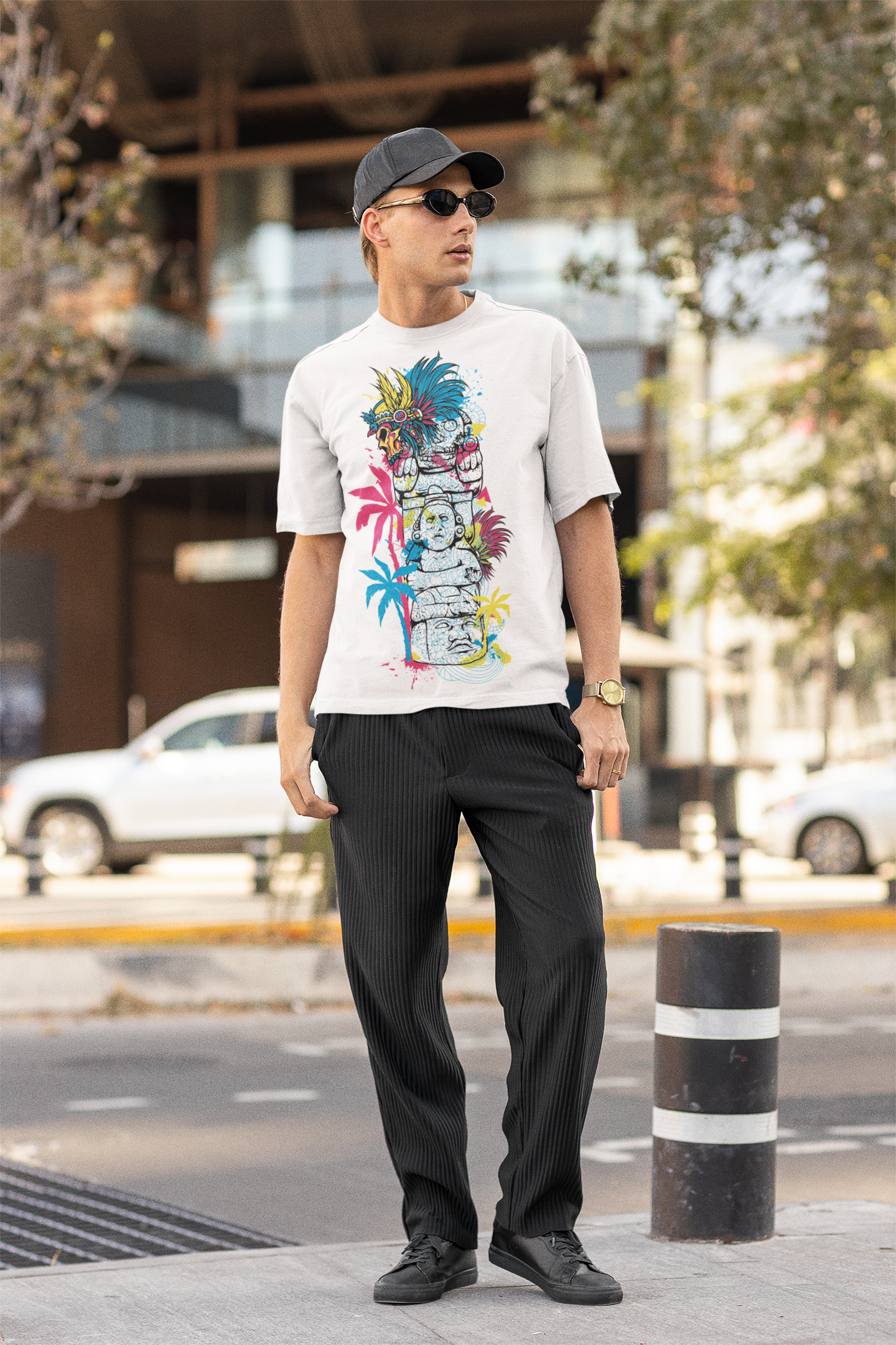 Oversized Extended Neck Tribal T-Shirt White