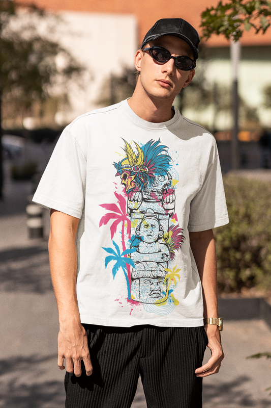 Oversized Extended Neck Tribal T-Shirt White