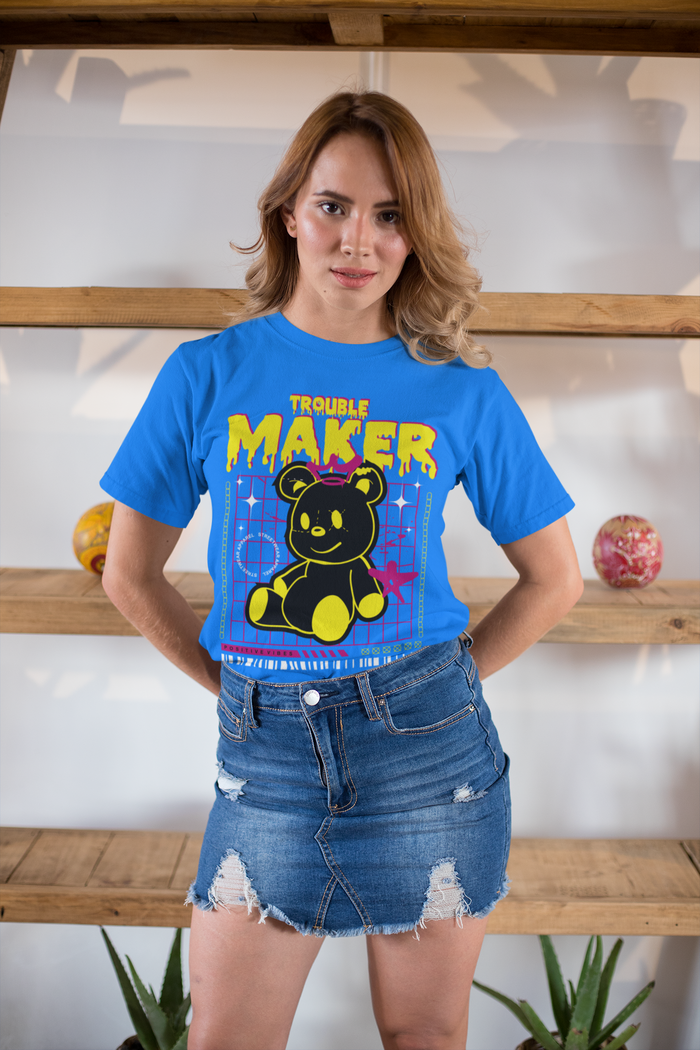 Regular Fit Classic Fit Trouble Maker Blue T-Shirt Women