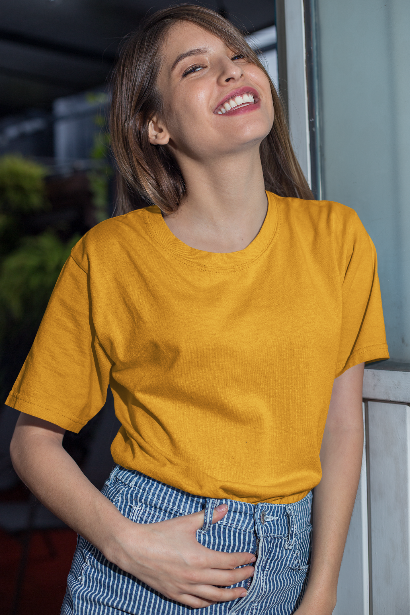 Oversized Extended Neck Basic T Shirt Turmeric Yellow