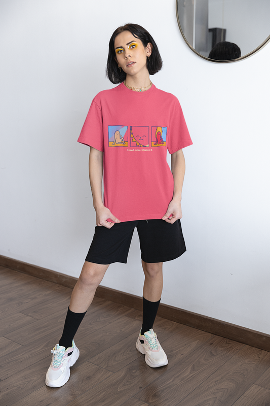 Oversized Extended Neck Vitamin D T Shirt Salmon Pink
