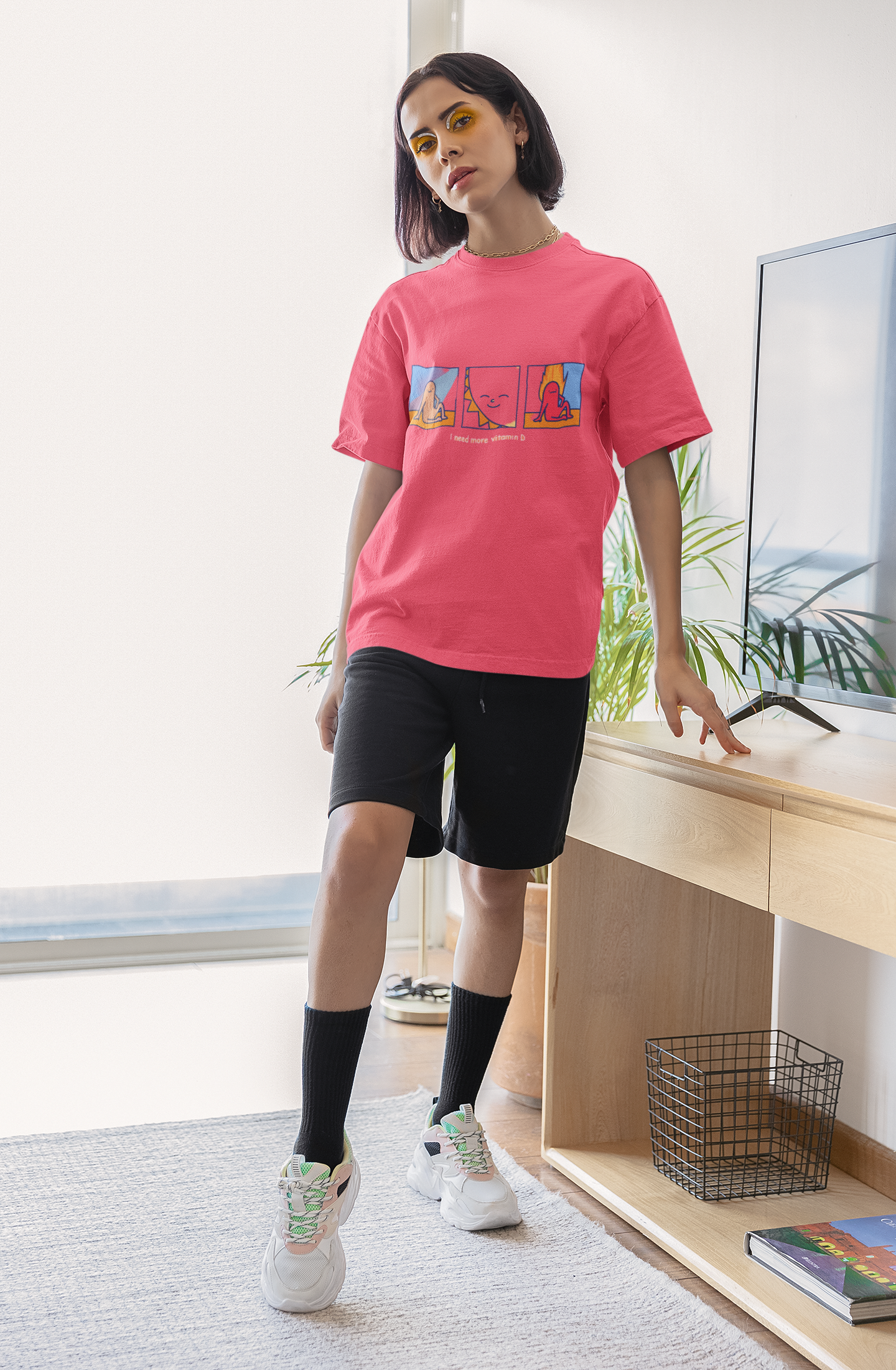 Oversized Extended Neck Vitamin D T Shirt Salmon Pink
