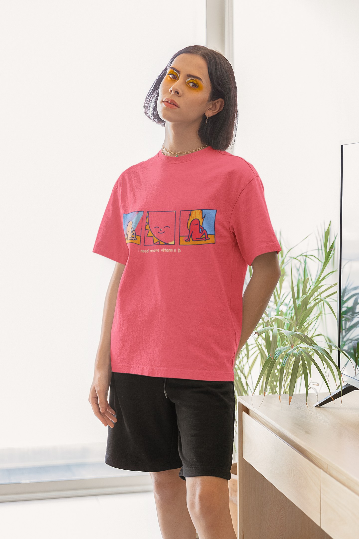 Oversized Extended Neck Vitamin D T Shirt Salmon Pink