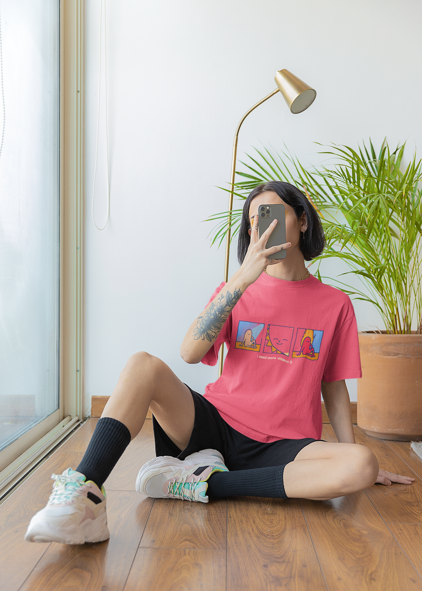 Oversized Extended Neck Vitamin D T Shirt Salmon Pink