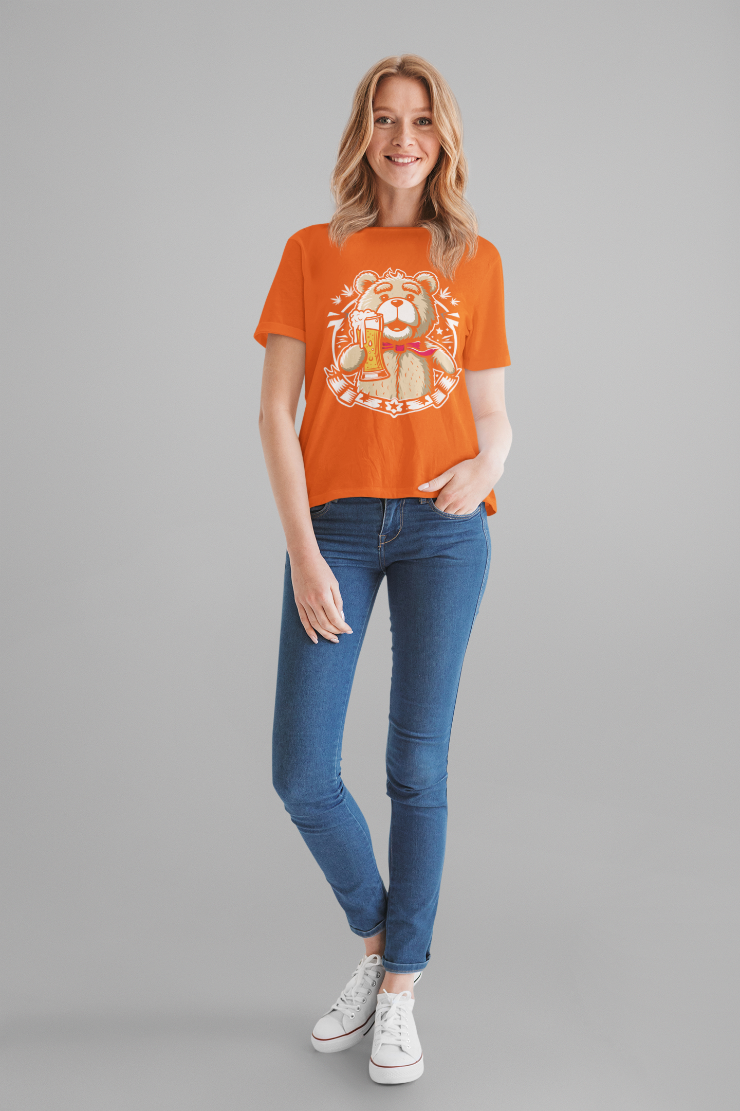 Regular Fit Classic Fit Bear Beer Orange T-Shirt Women