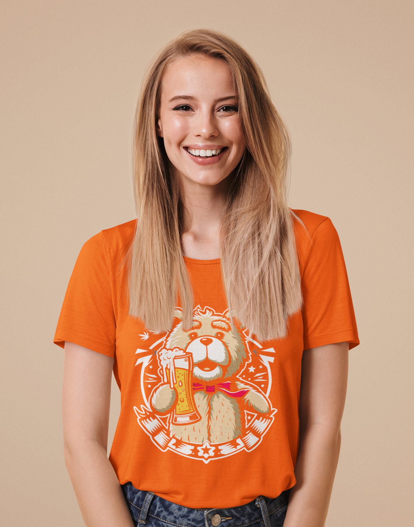 Regular Fit Classic Fit Bear Beer Orange T-Shirt Women