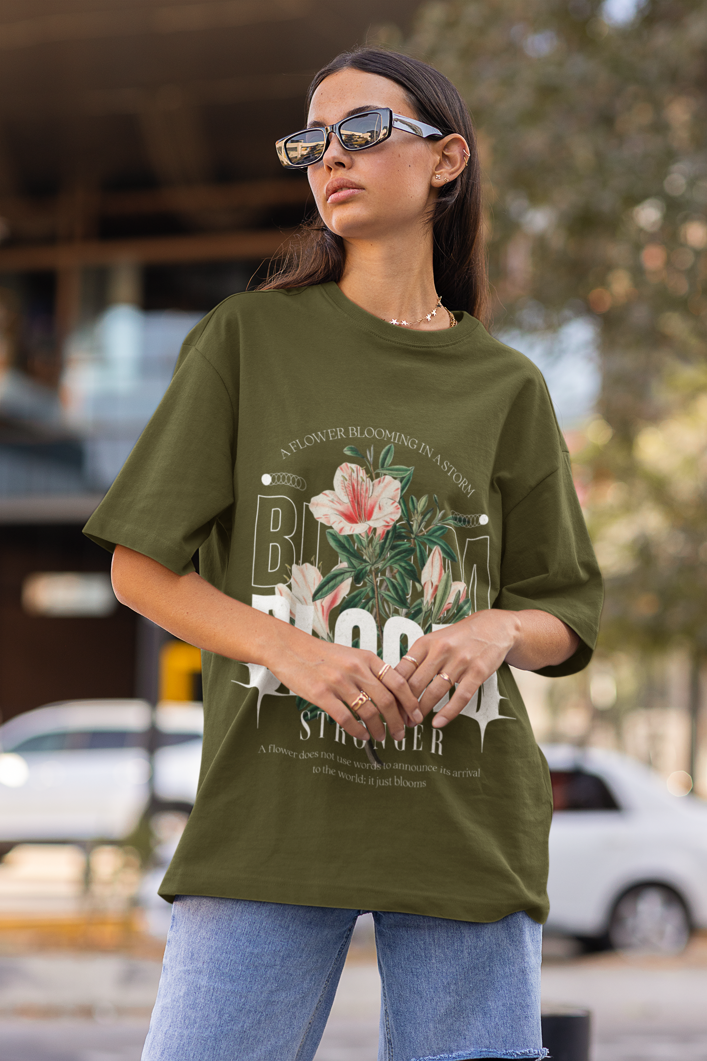 Oversized Extended Neck Bloom Graphic T Shirt Green