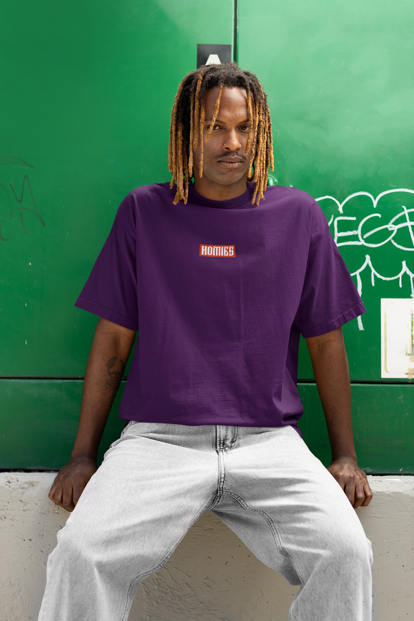 Oversized Extended Neck Basic Homies Shirt Purple
