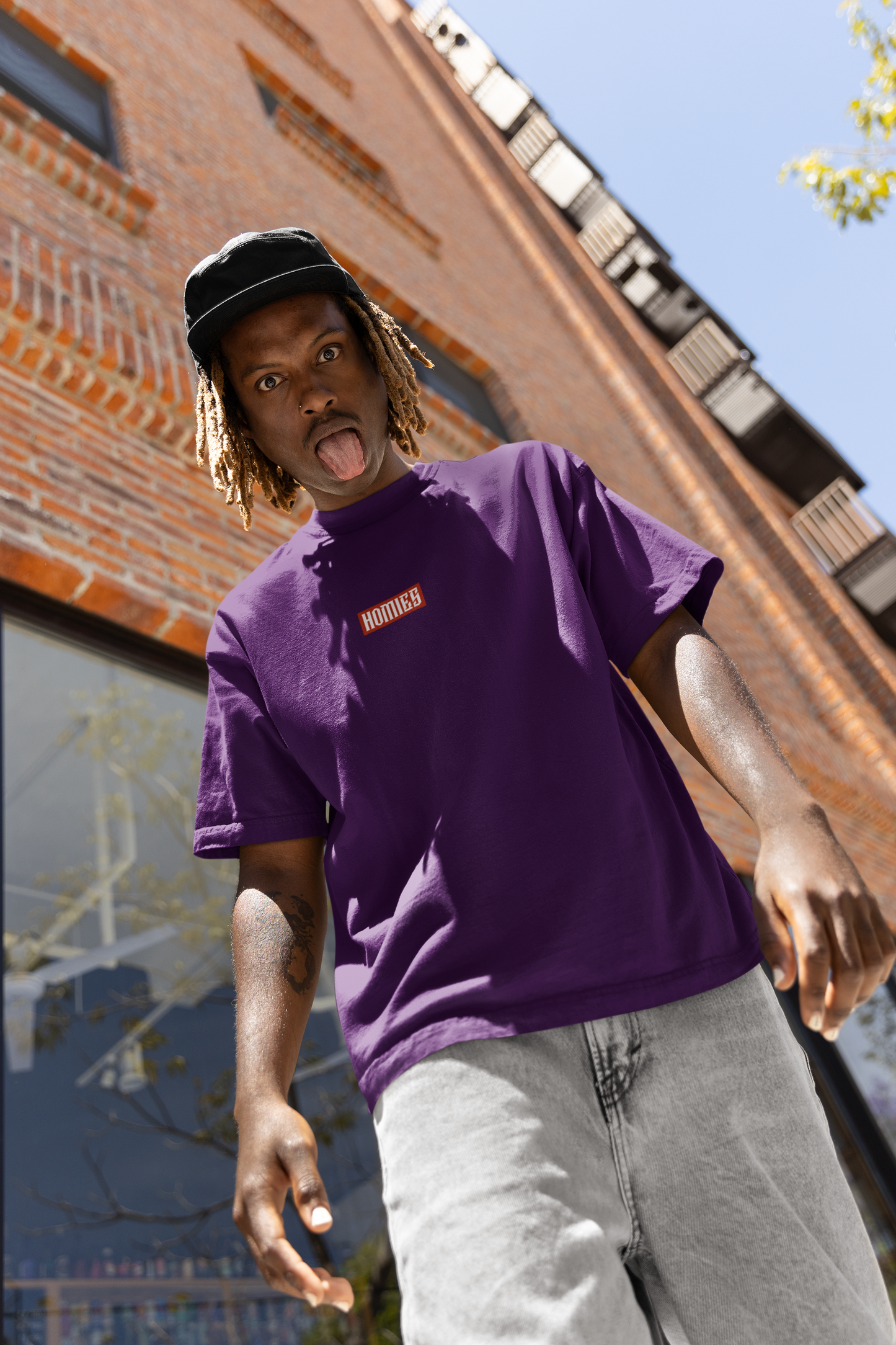 Oversized Extended Neck Basic Homies Shirt Purple