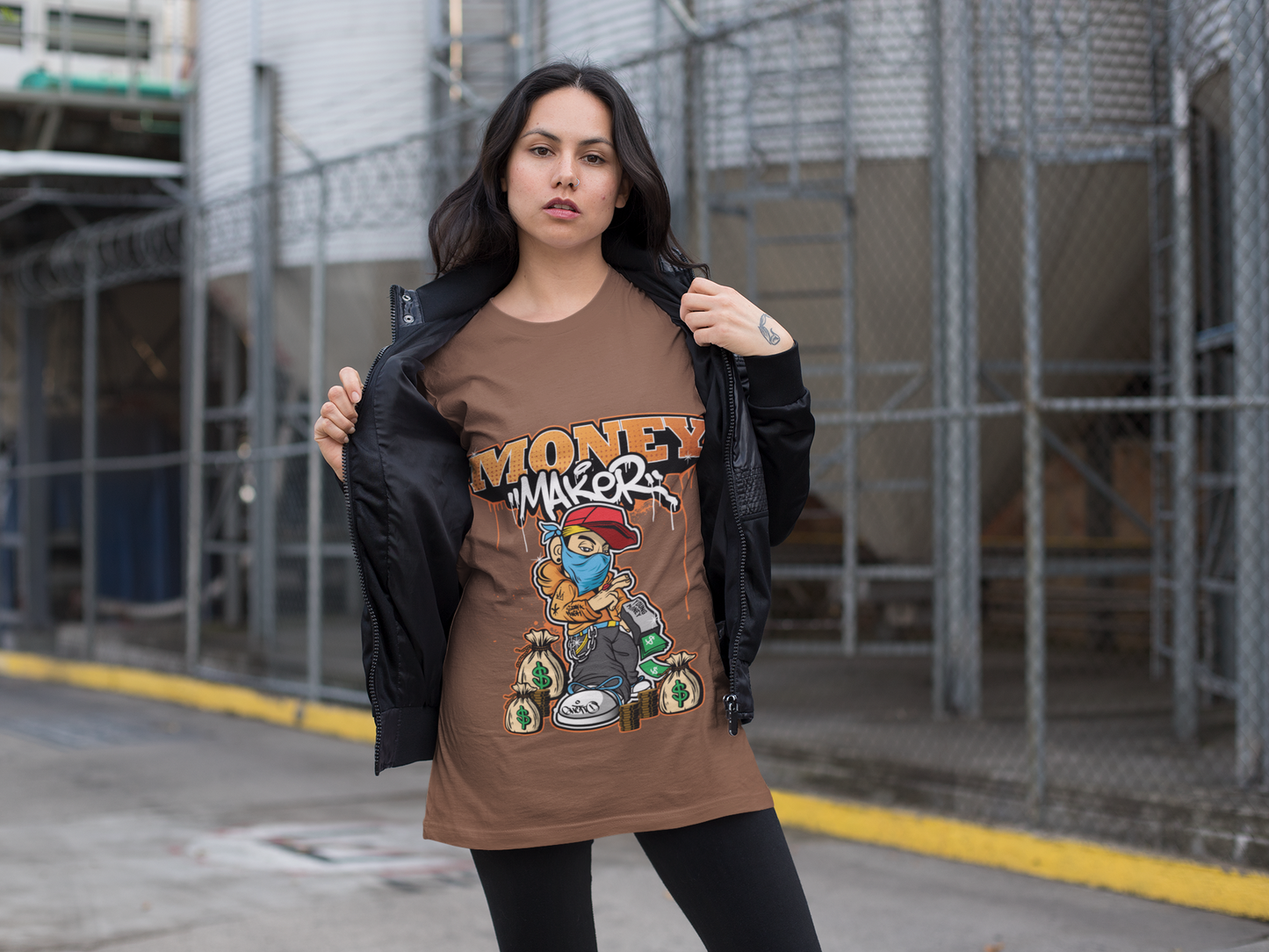 Oversized Extended Neck Money Maker Graphic T Shirt Brown
