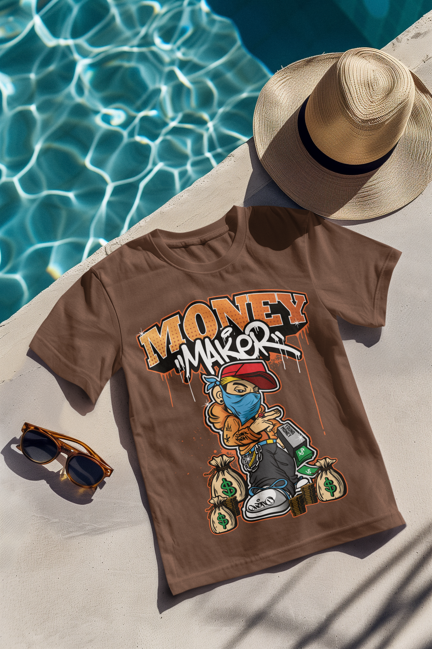 Oversized Extended Neck Money Maker Graphic T Shirt Brown