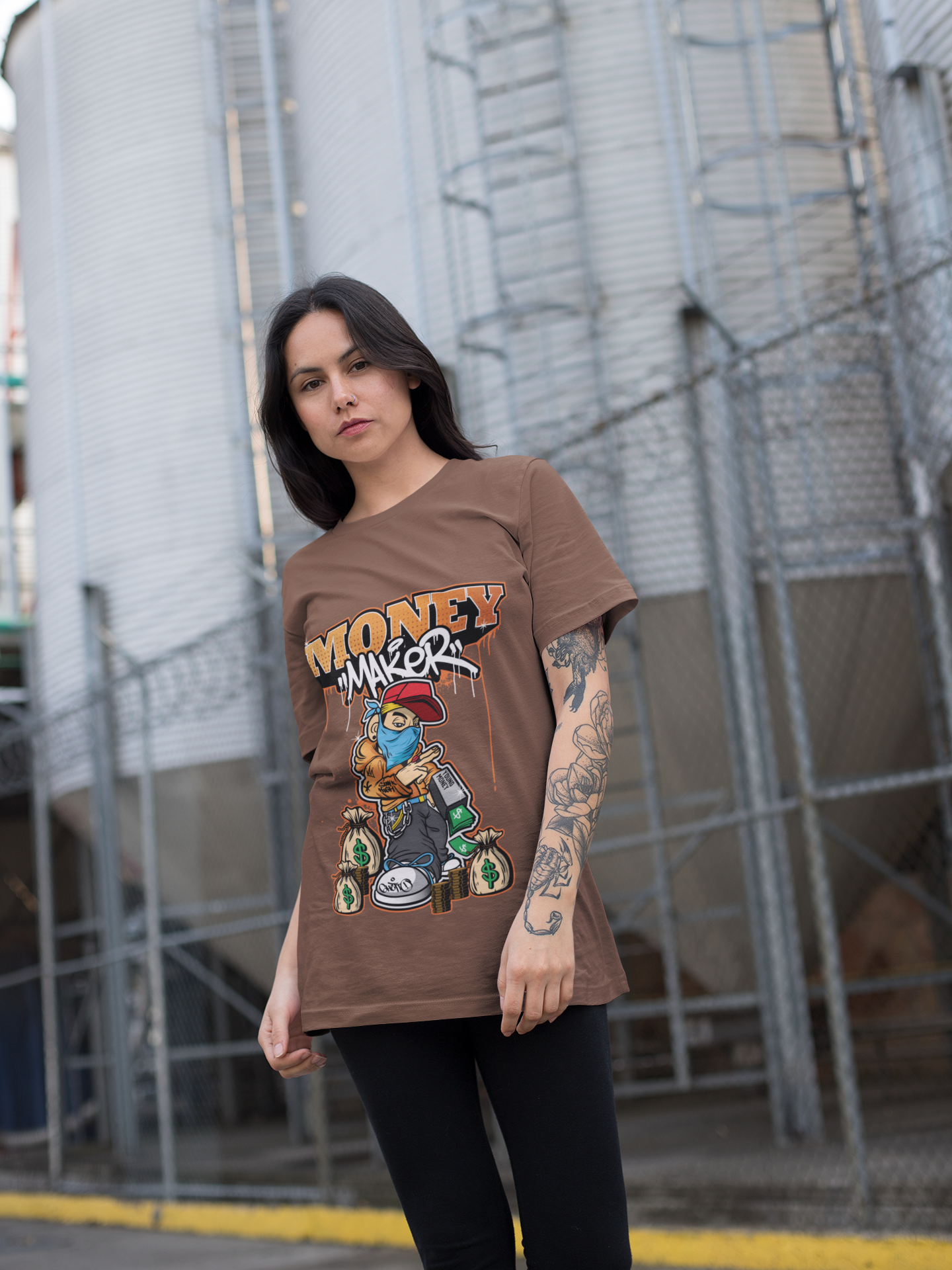 Oversized Extended Neck Money Maker Graphic T Shirt Brown