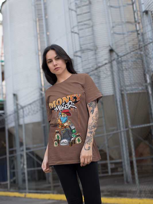 Oversized Extended Neck Money Maker Graphic T Shirt Brown