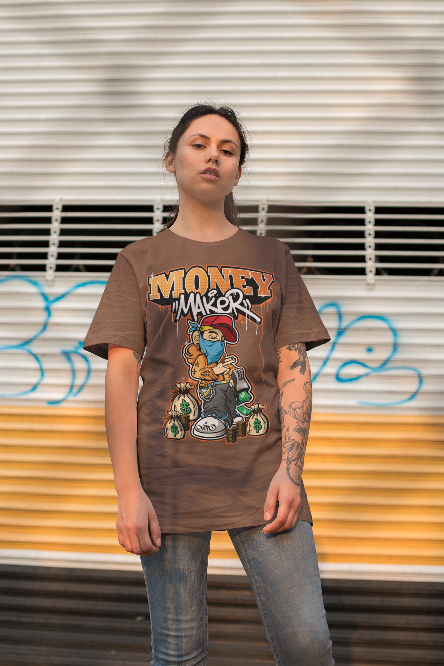 Oversized Extended Neck Money Maker Graphic T Shirt Brown