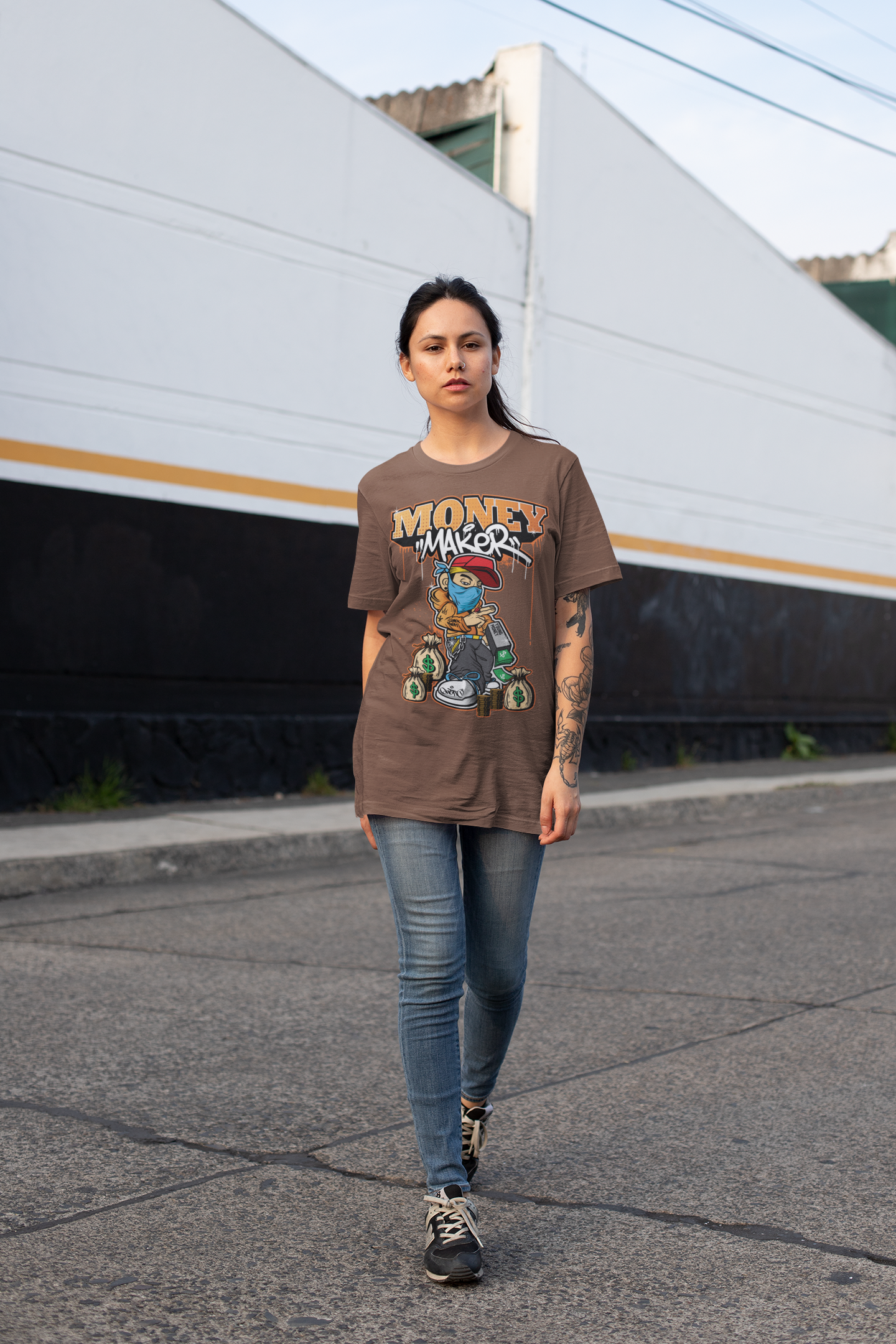 Oversized Extended Neck Money Maker Graphic T Shirt Brown