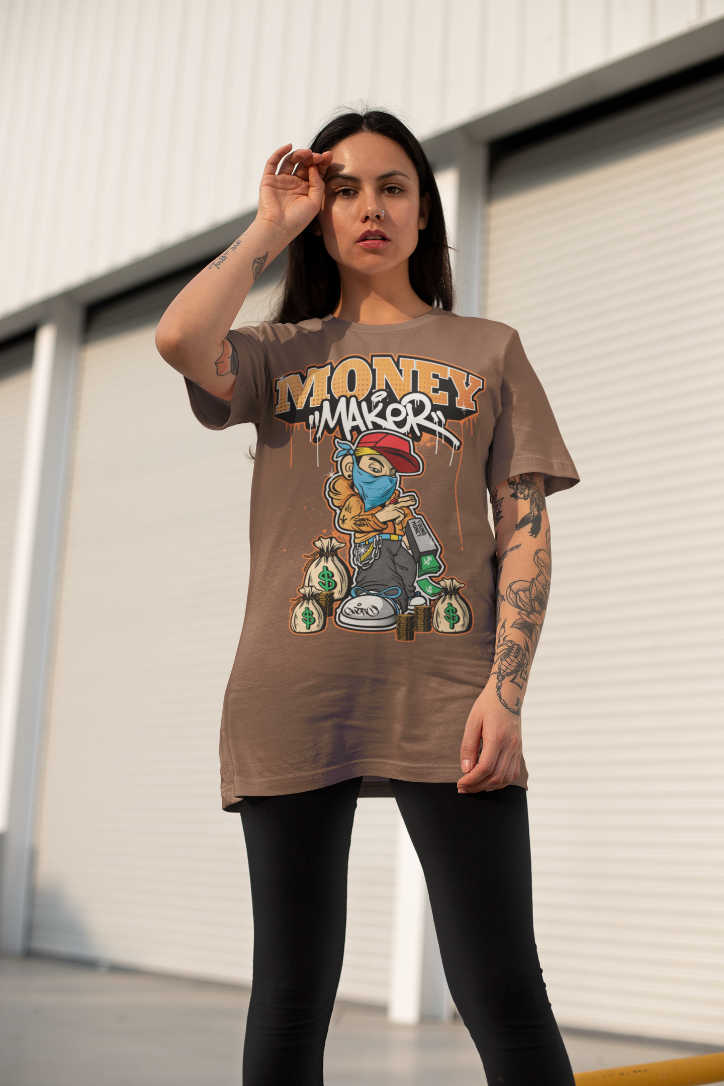 Oversized Extended Neck Money Maker Graphic T Shirt Brown