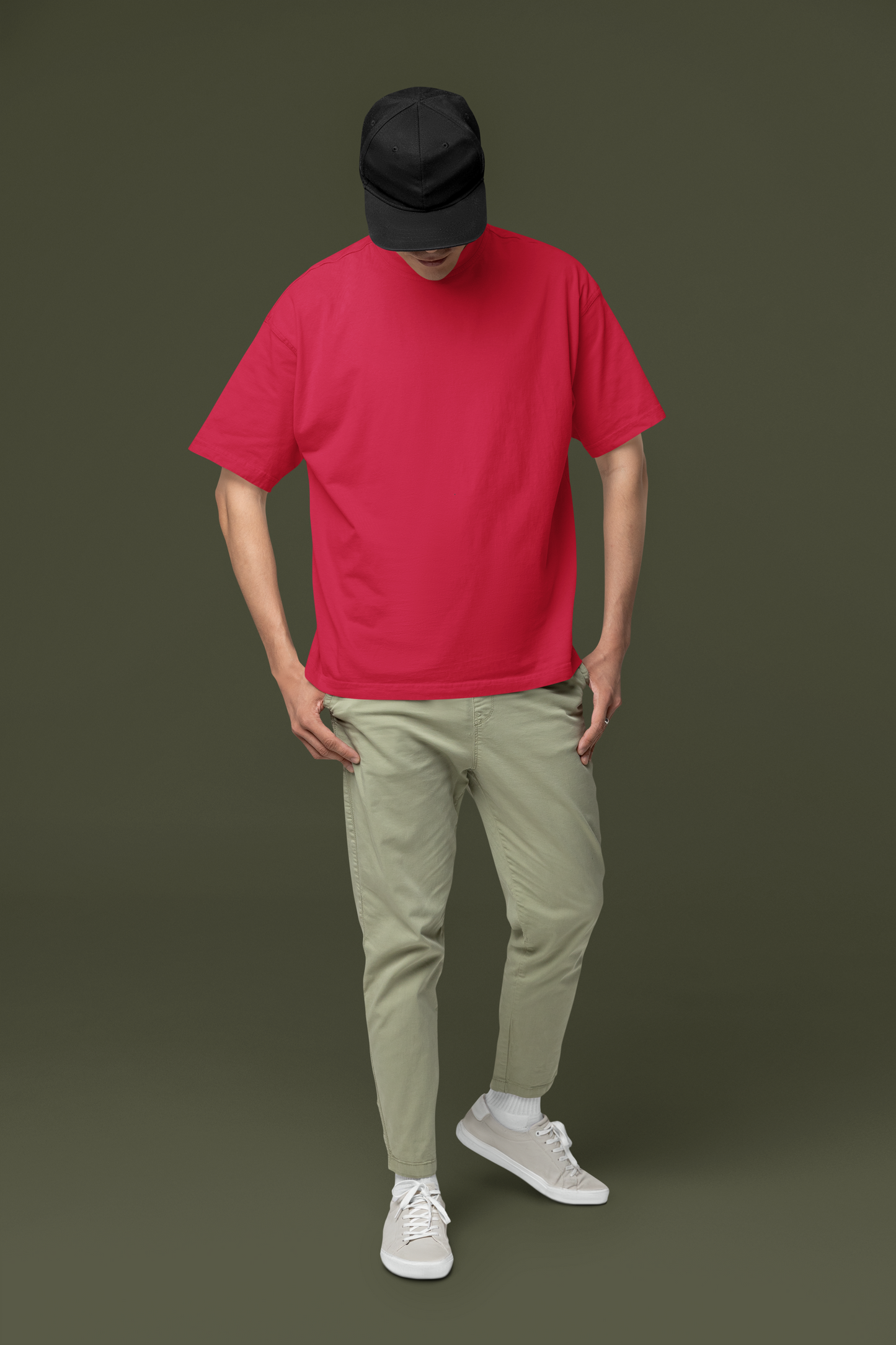 Oversized Extended Neck Basic Plain T Shirt Red