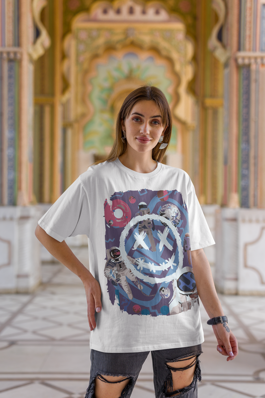 Oversized Extended Neck Astronaut Graphic T Shirt White