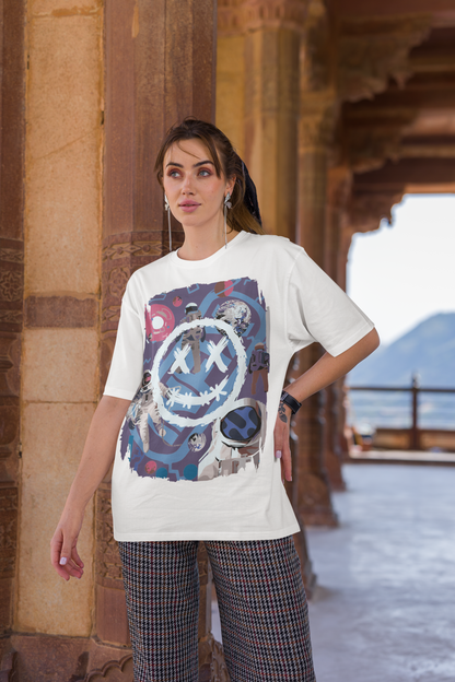 Oversized Extended Neck Astronaut Graphic T Shirt White