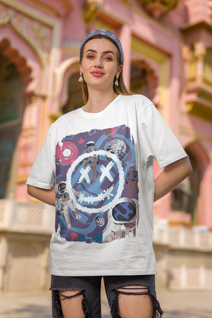 Oversized Extended Neck Astronaut Graphic T Shirt White