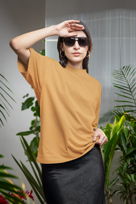 Oversized Extended Neck Basic T Shirt Autumn Yellow