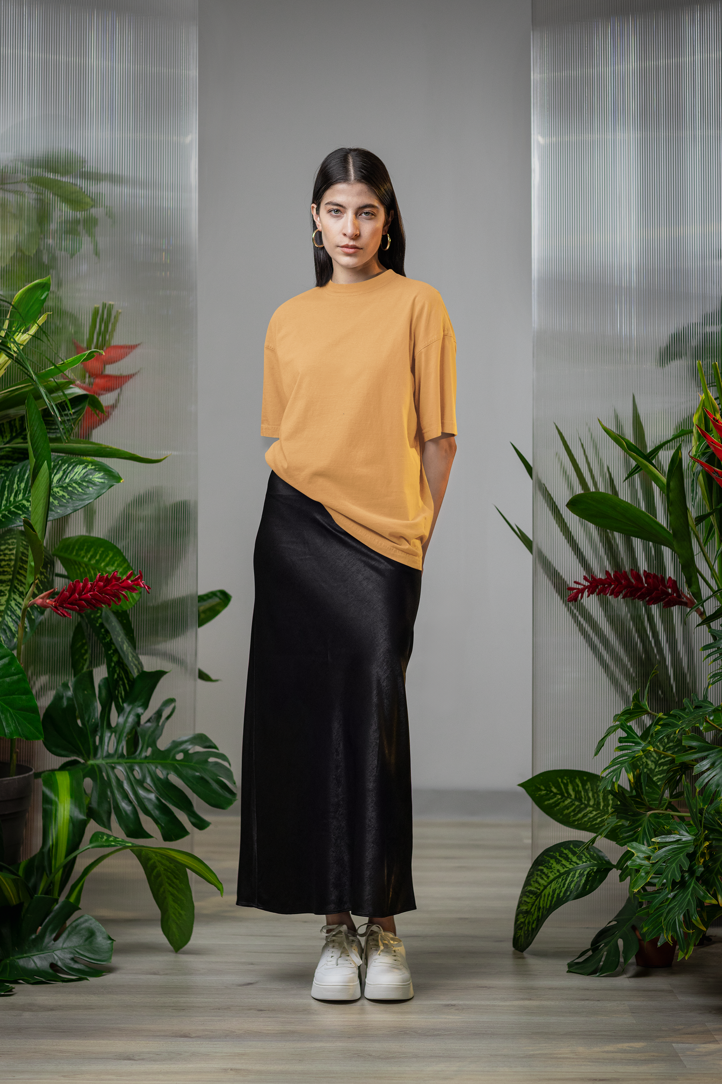 Oversized Extended Neck Basic T Shirt Autumn Yellow