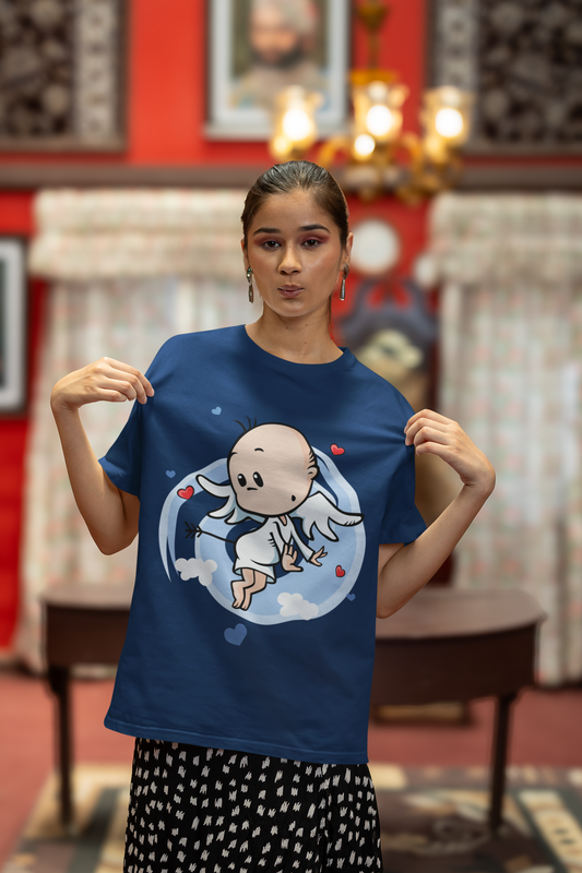 Oversized Extended Neck Baby Angel T Shirt Blue