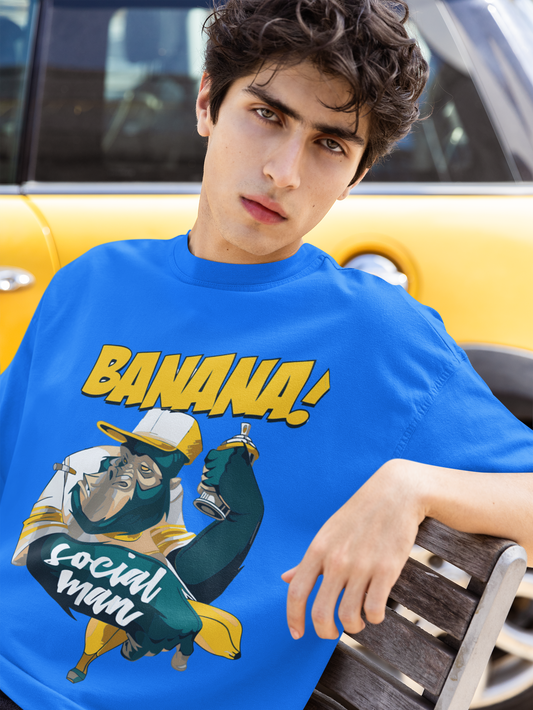 Oversized Extended Neck Banana Social T-Shirt Blue