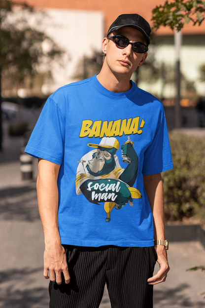 Oversized Extended Neck Banana Social T-Shirt Blue