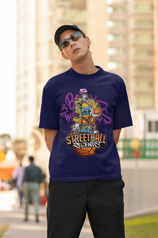 Oversized Extended Neck Basketball Grafitti T-Shirt Purple
