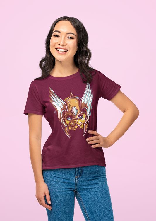 Regular Fit Classic Fit Cat Warrior T-Shirt Women Maroon