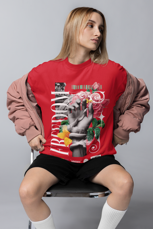 Oversized Extended Neck Freedom Hand Graphic T Shirt Red