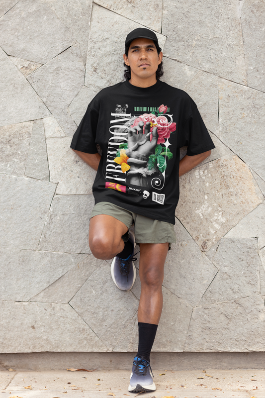 Oversized Extended Neck Freedom Hands T-Shirt Black