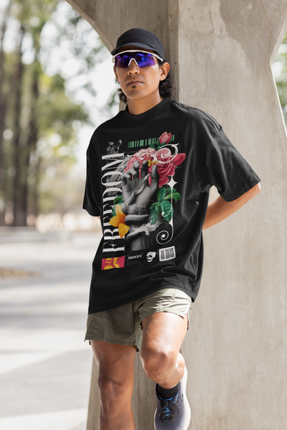 Oversized Extended Neck Freedom Hands T-Shirt Black