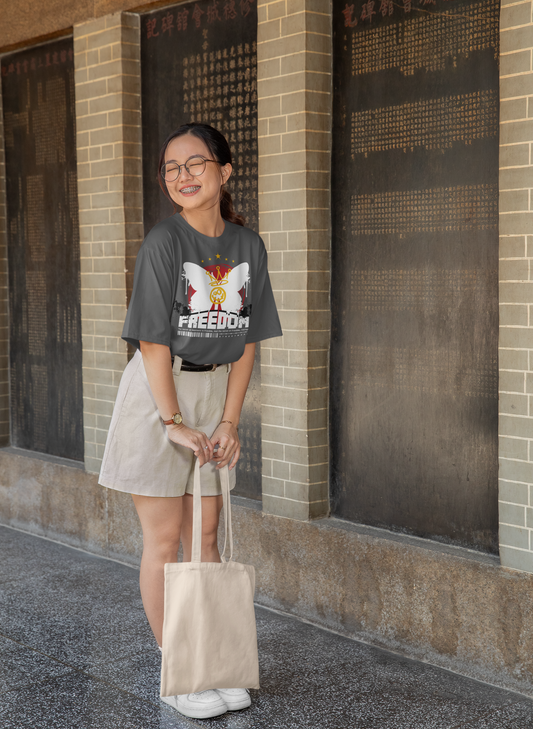 Oversized Extended Neck Freedom Graphic T Shirt Grey