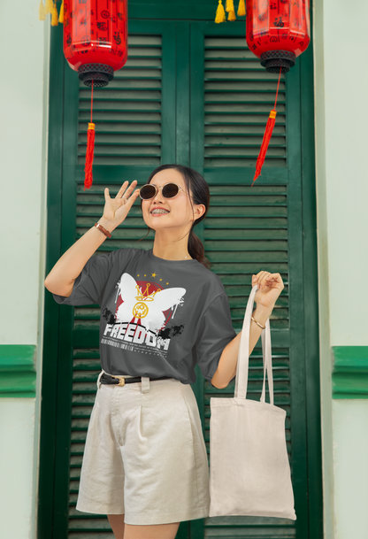 Oversized Extended Neck Freedom Graphic T Shirt Grey