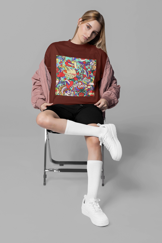 Oversized Extended Neck Graffiti  T Shirt Brown