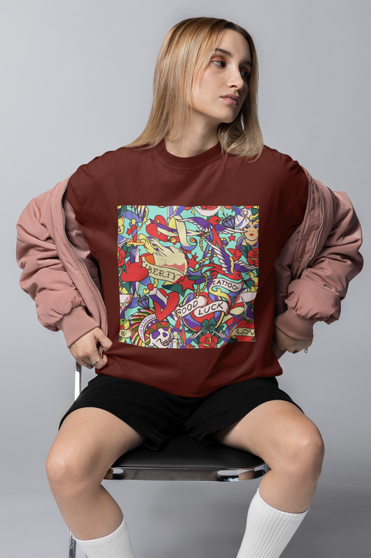 Oversized Extended Neck Graffiti  T Shirt Brown