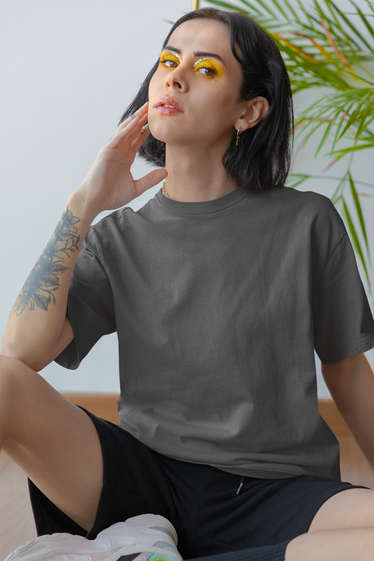 Oversized Extended Neck Basic T Shirt Grey Gray