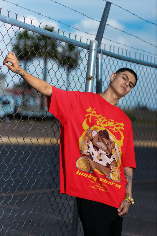 Oversized Extended Neck Lucky Charm T-Shirt Red