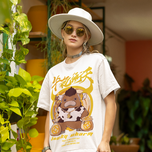 Oversized Extended Neck Lucky Cow Charm Graphic T Shirt White