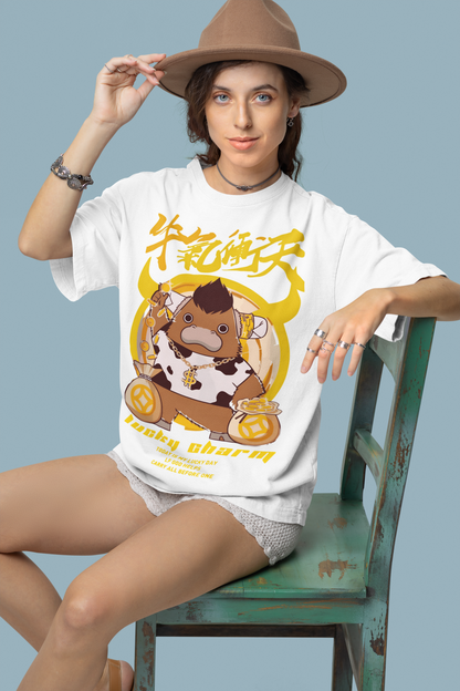 Oversized Extended Neck Lucky Cow Charm Graphic T Shirt White