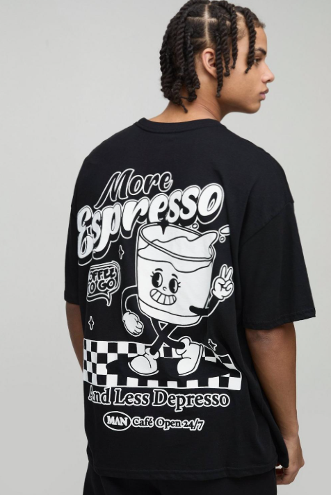 Oversized Espresso Cartoon Puff Print T-Shirt