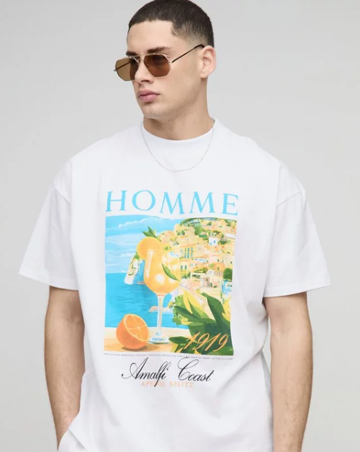 Oversized Extended Neck Homme Amalfi Coast Landscape T-Shirt White