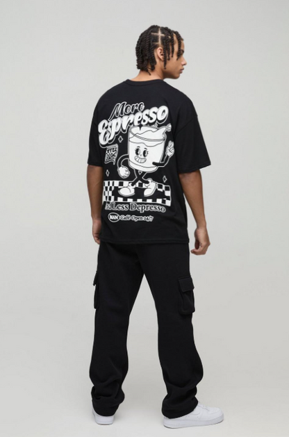 Oversized Espresso Cartoon Puff Print T-Shirt